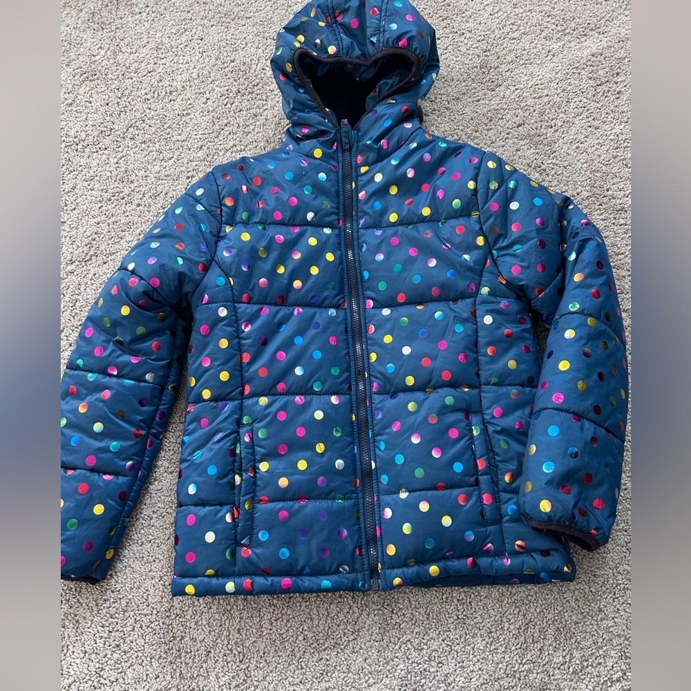 Girls Navy w Metallic Polka Dots Puffer Jacket Hood Fleece Lining 
Size XL
